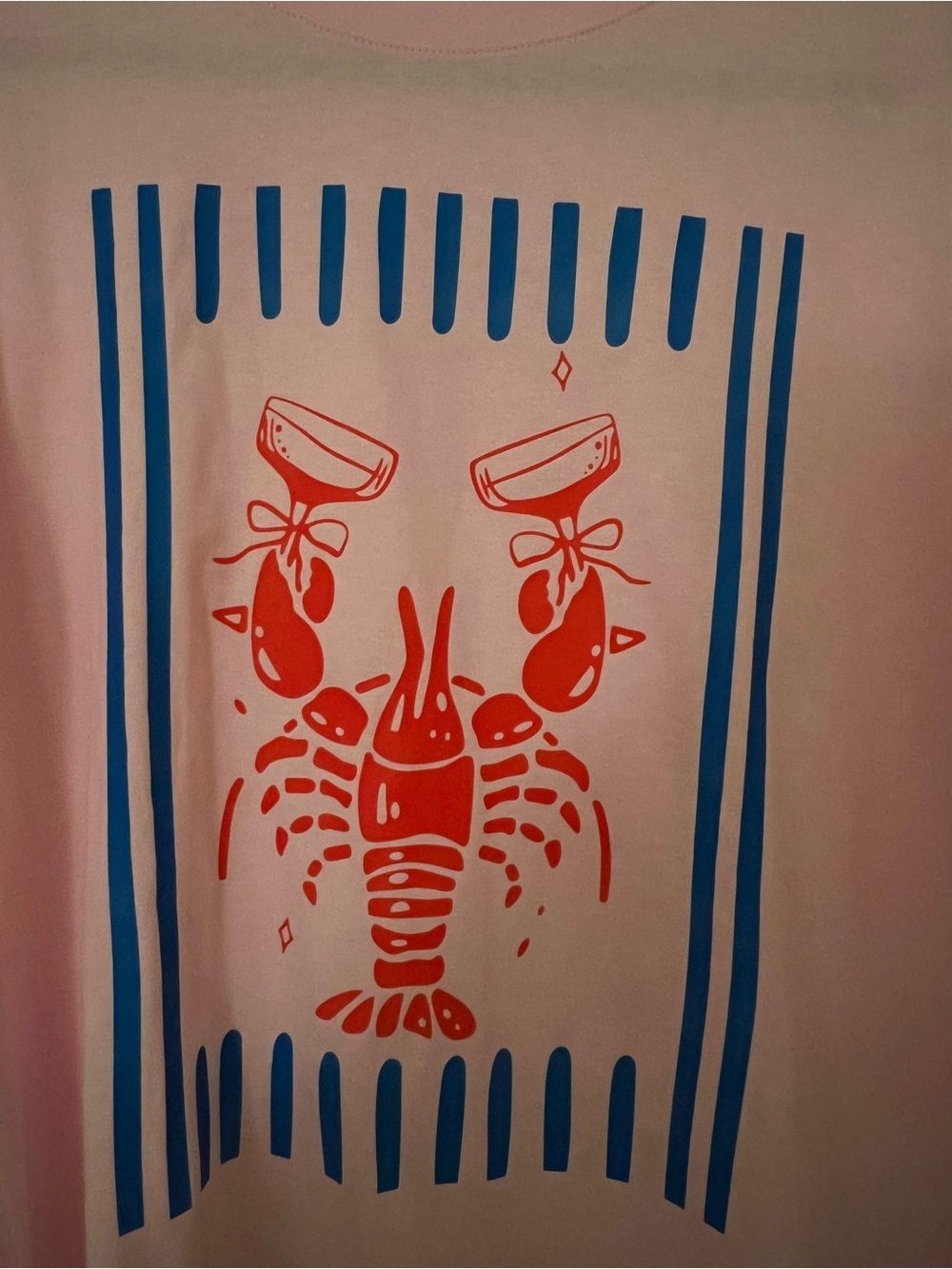 Pink Tee with Red Lobster Graphic and Blue Stripes (New)
